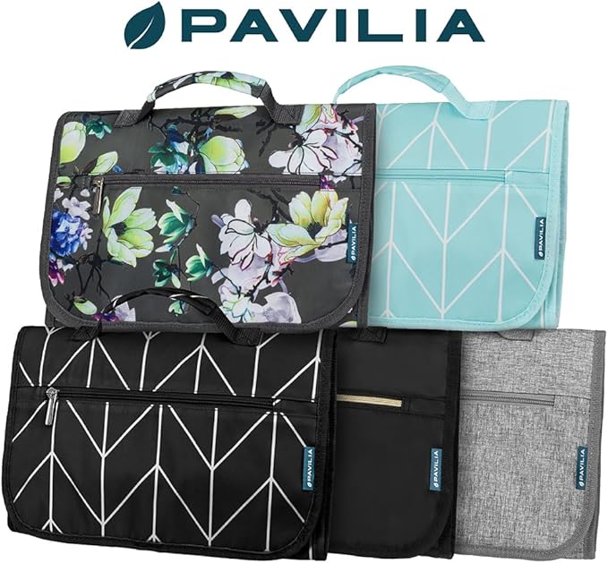 PAVILIA Hanging Toiletry Bag Women Men, Travel Kit Foldable Large Toiletries Organizer, Roll up Cosmetics Makeup Bag Accessories, Waterproof Essentials Jewelry Case (Black Chevron)