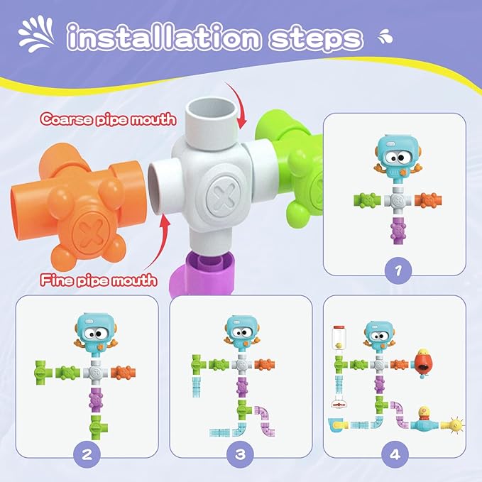 STEM Building Bath Toys for Kids Ages 3-8 | DIY Water Pipe Assembly Kit with Suction Cups | Educational Bathtub Toys for Toddlers 3+ | Creative Tub Time Birthday Gifts for Boys & Girls