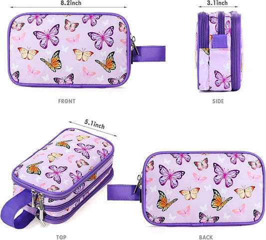 Kids Toiletry Bag for Girls, Travel Toiletry Bag for Little Young Girls Cosmetic Bag Makeup Bag Waterproof Hanging Wash Bag Toddler Toiletries, Butterfly Purple