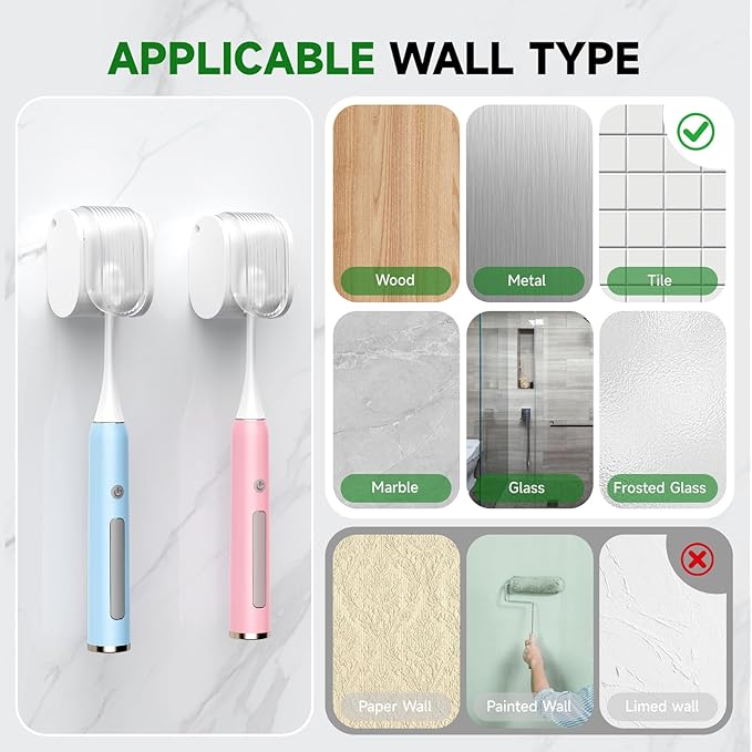 4 Pcs Toothbrush Holders Wall Mounted, Single Slot Design, Shower Self Adhesive Wall Mounted Toothbrush Holder with Cover, Waterproof and Dustproof, Suitable for Bathroom, Family, Travel (Transparent)