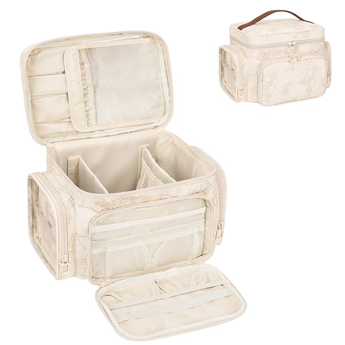Large Makeup Bag, Portable Travel Makeup Bag Organizer for Women Girls with Makeup Brush Compartment & Two Side Pockets, Cosmetic Travel Bag Vertical Storage Toiletry - Beige