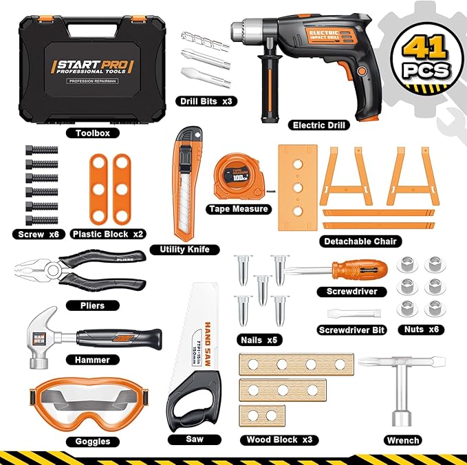 OCHIDO Kids Tool Set with Tool Box & Electronic Toy Drill, 41PCS Toddler Tool Set Kids Construction Toys for Ages 3,4,5,6,7,8, Kid Tools Boy Toys for Boys Christmas Birthday Gifts