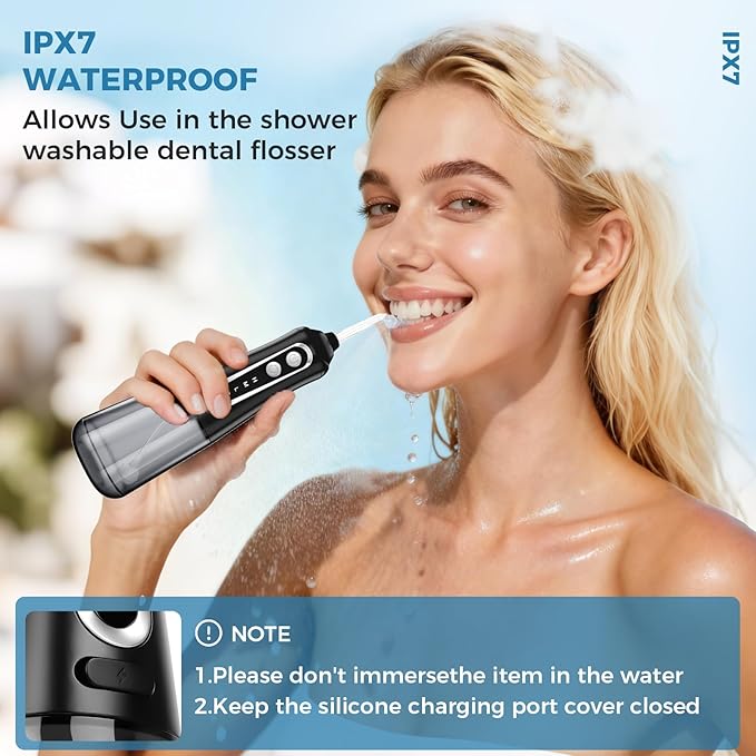 Water Dental Flosser Pick for Teeth, Cordless Oral Irrigator Cleaner 350ML IPX7 Waterproof Rechargeable, 4 Modes 4 nozzles, Portable Professional Flossing for Cleaning Gum Care Braces Home Travel