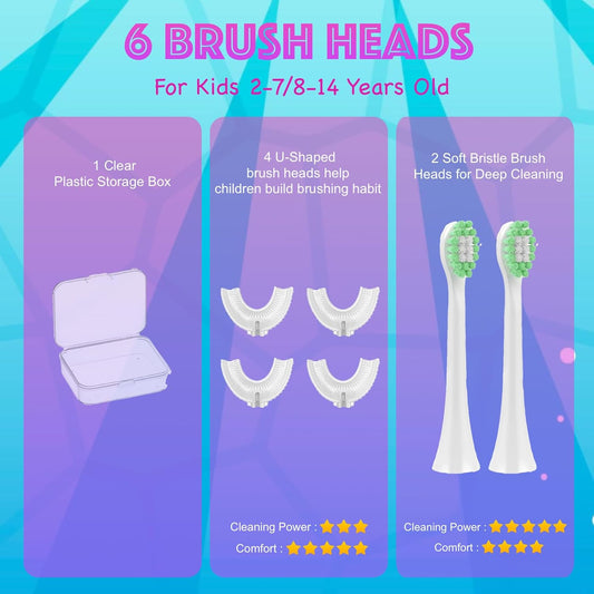 6 Pcs U Shaped Toothbrush Kids Replacement Head Set, Including 4 U Shaped Brush Heads 2 Bristle Brush Heads and 1 Storage Box (Age 2-7)