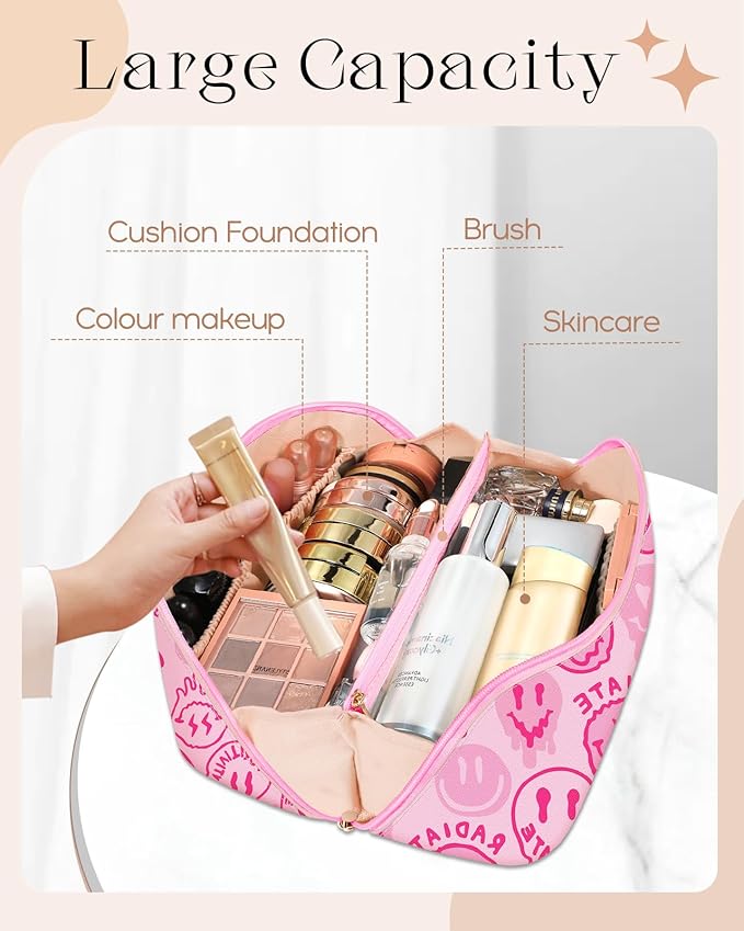 Bistup Makeup Bag Travel Cosmetic Bag Toiletry Make Up Bags Cute Women Large Capacity Big Medium Leather Portable Teen Girls Teenage Kawaii Foldable Expandable Y2K Compact Open Flat Zip