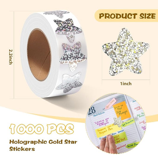 1000Pcs Star Stickers for Kids,1 inch Holographic Star Stickers for DIY, Crafts, Behavior Chart, Student Planner, School and Classroom Teacher Supplies (Silver)