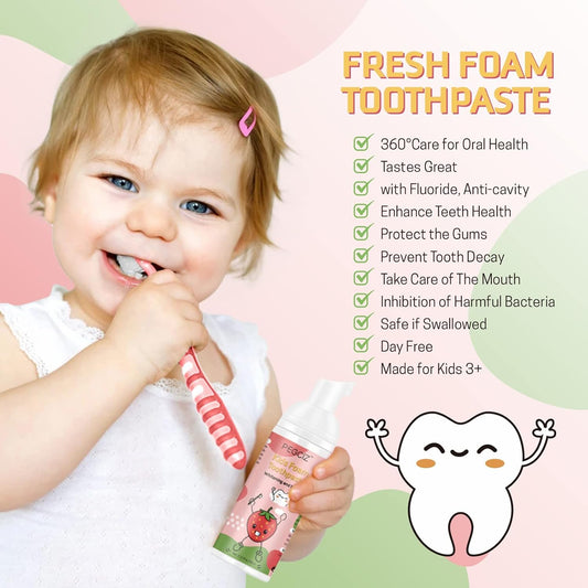 Foam Toothpaste Kids, Kids Mouthwash with Fruit Flavor - Toddler Toothpaste Age for Children,360ºCare Natural Anti-Cavity Formulas with Fluoride for Electric & U-Shape Toothbrushes