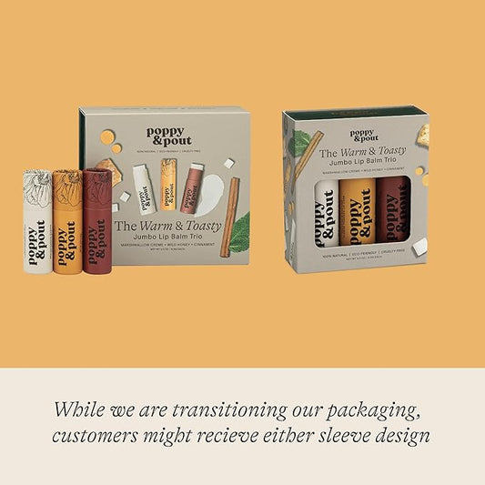 Jumbo Lip Balm Gift Set (3-Pack, Warm Flavors) | Poppy & Pout All Natural Lip Balms & Moisturizers | Hydrates with Beeswax, Vitamin E, Organic Coconut Oil | Cruelty-Free | Recyclable Cardboard Tube