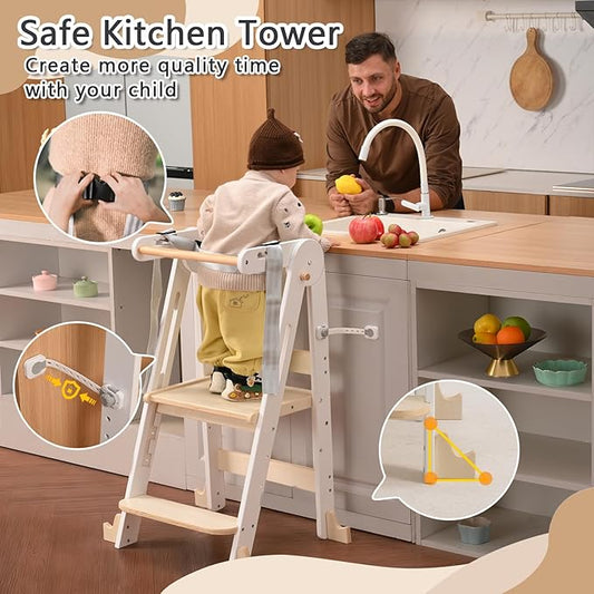Kids Kitchen Step Stool, Foldable Toddler Tower, Height Adjustable Toddler Standing Tower with Safty Rail and Anti-Slip Device, Wooden Stool for 1.5-6 Years(White Wood)