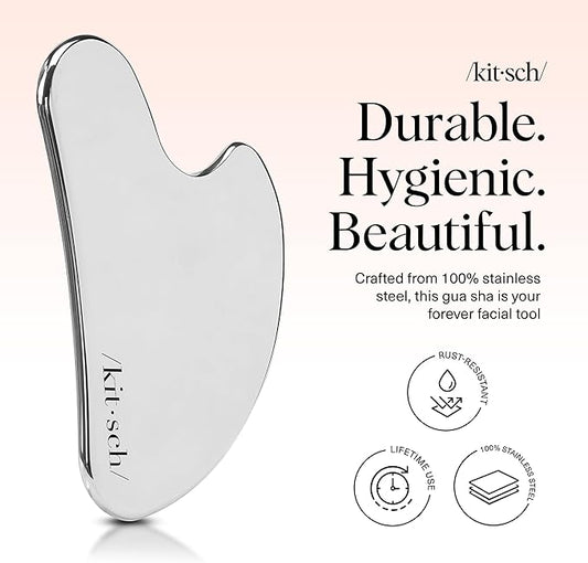 Kitsch Stainless Steel Gua Sha Facial Tools - Guasha Tool for Face, Face Sculpting Tool, Jawline Shaper, Double Chin Reducer, Body Gua Sha Tools, Lymphatic Drainage Massager, Facial Skin Care - Silver