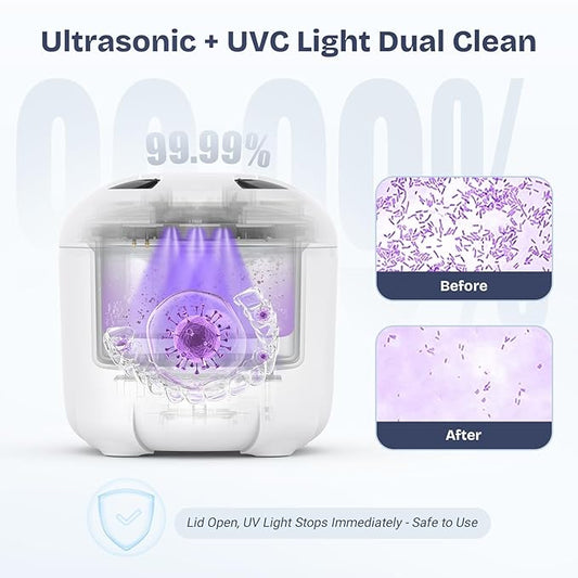 2025 Ultrasonic Retainer Cleaner- 45KHz 25W Portable Denture Cleaner with Drying Function and Removable Inner for Dentures, Mouth Guards, Aligners, Jewelry and More