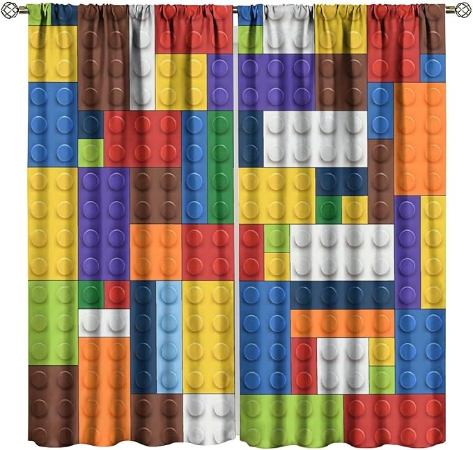 Kids Boy Curtain Blocks Toy Abstract Outline Colorful Geometric Brick Print Curtain for Boys Girls Nursery Room Curtains 84x84 Inch 2 Panels(Decor Curtains