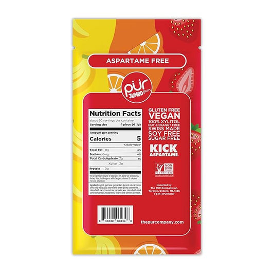 PUR Jumbo Gum | Aspartame Free Chewing Gum | 100% Xylitol | Natural Strawberry, Banana, Orange Flavor, 20 Pieces (Pack of 10)