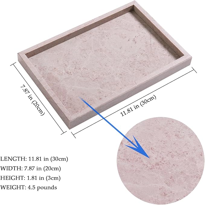 Yew & Tulip Natural Pink Marble Vanity Tray, Nature Rose Cream Marble Serving Tray for Bathroom, Kitchen, Vanity, Home Decor, Wedding etc. (12" x 8" x 1.2")