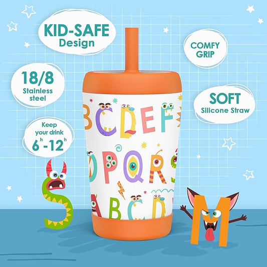 Kid Insulated Stainless Steel Tumbler with Silicone Straw, 12oz Sippy Cup for Kids (Alphabet)