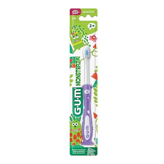 GUM Monsterz Children and Toddler Toothbrush, Soft Bristled Kids’ Toothbrush with Suction Cup, for Ages 2+, 1 Count(Pack of 6)