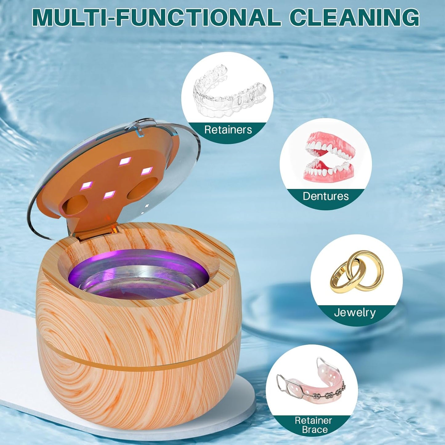 Voraiya Ultrasonic Retainer Cleaner Machine, 360° UV Cleaning Denture Pod, 45kHz Ultrasonic Dental Cleaner Mouth Guard Cleaner for Aligner, Night Guard, Braces, Toothbrush, Jewelry, Ring