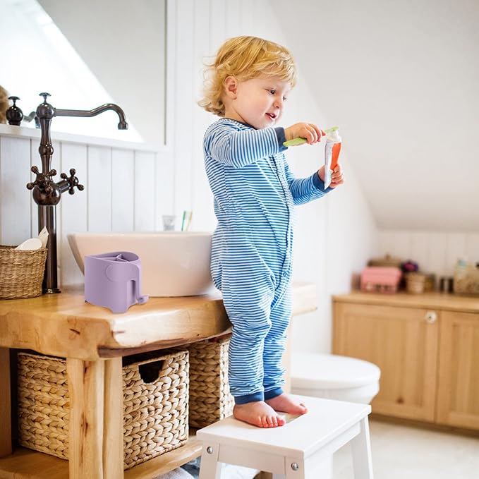 RyanLemon Elephant Toothbrush Holder for Toddler, Suction Cup Cute Toothbrush Holder for Kids, for Bathroom, with 3 Slots and 1 Hook, Light Purple