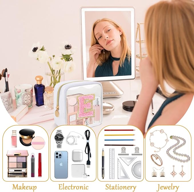 Personalized Initial Letter Clear Preppy Makeup Bag,Mini Nylon Chenille Letter Cosmetic Bag Cute Zipper Pouch Purse for Teen Girls,Portable TSA Approved Beach Travel Essentials Bag Gift for Women,E