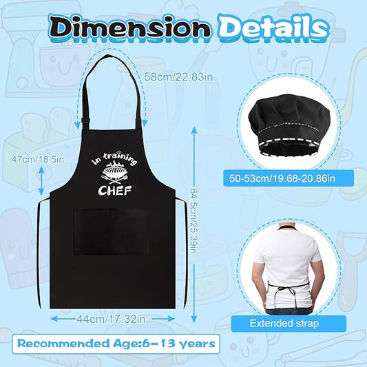 Kids Apron and Chef Hat Set, “CHEF in training” Funny Apron Adjustable Kitchen Apron Cooking Baking Painting with 2 Pockets for Boys and Girls