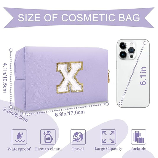 Personalized Makeup Bag Initial A-Z Preppy Patch Bag,Small PU Leather Travel Cosmetic Bag Pouch with Zipper,Purple Cute Toiletry Bag,Gift Ideal for Teen Girls Women Birthday Friend Mom,Latter X