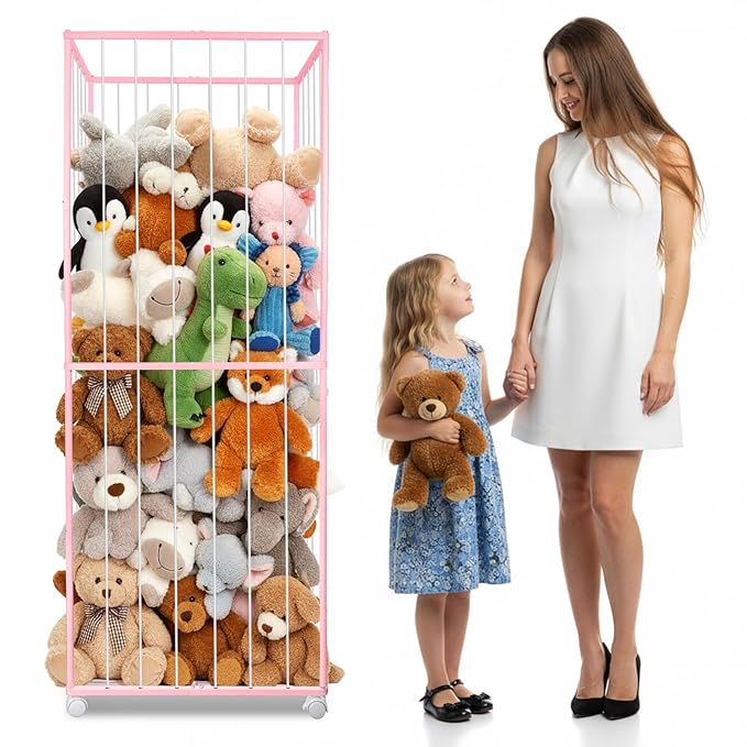 Stuffed Animal Storage, Metal Tube Extra Large Toy Storage Organizer with Brake Wheels, Stuffed Animal Holder Zoo Organizer for Nursery Playroom Kids Room Pink(61” x 23.6”x 16.5”)