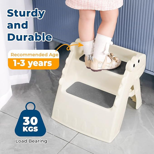 Onasti Toddler Step Stool Foldable Kids Step Stool,Bathroom Stool for Toddlers Non-Slip Toddler Step Stool for Bathroom Sink and Kitchen Counter with Cute Dinosaur Design(White)