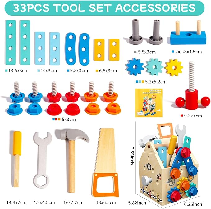 Montessori Toddler Tool Set - 33 PCS Wooden Kids Tools with Box / Bench, Montessori Educational Pretend Play Preschool Toys Gifts for 2 3 4 5 Year Old Boy Girl Kids, STEM Fine Motor Skills Tool Set