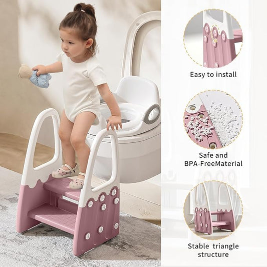 Two Step Stool with Handrails for Toddler and Kids, Standing Learning Stool Tower for Bathroom Sink, Potty Training, Children Step Up Learning Helper with Handles (Pink-White)