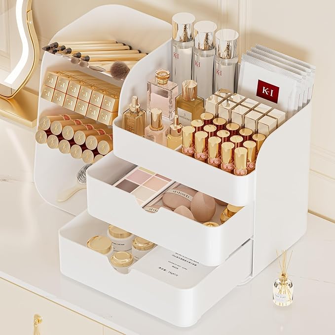 Makeup Organizer with Brush Holder for Vanity,Countertop Makeup Organizer with Drawers,Spacious Cosmetic Display Case,Perfect Storage Solution for Your Beauty Essential (All Cream, Large)