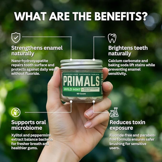 PRIMALS Fluoride-Free Toothpaste Tablets - Nano Hydroxyapatite - Zero Artificial Flavors or Plastic - Remineralizes & Whitens Teeth - 60 Count (1 Month Supply)