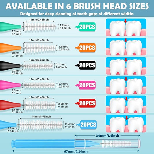 120 Pieces Interdental Brushes Between Teeth, Braces Toothbrush Flossers Cleaner Dental Floss Picks for Teeth Braces Orthodontic Hygiene Cleaning Tools (Bright Colors, Multiple Sizes)