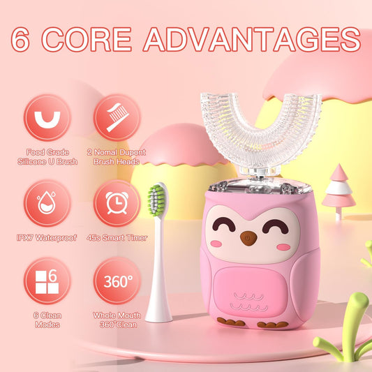Kids Electric U Shaped Toothbrush Kids Sonic Toothbrush with 4 Soft Brush Head Automatic Full Mouth 6 Cleaning Mode-(Age8-15 Pink)