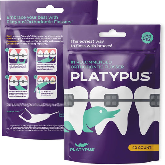 Platypus Orthodontic Flossers for Braces, 40 Count (Pack of 3), Ortho Picks for Adults & Kids, Fits Under Arch Wire, Non-Damaging, Encourage Flossing Habits