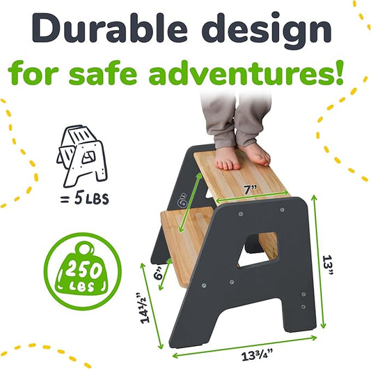 OCODILE 2-Step Wooden Step Stool for Toddlers | Kids Stool for Bathroom Sink & Kitchen Use | Non-Slip Step | Wooden Stool for Children Ages 2+ Years Gray