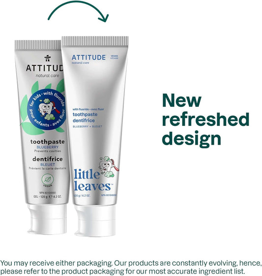 ATTITUDE Toothpaste with Fluoride, Prevents Tooth Decay and Cavities, Vegan, Cruelty-Free and Sugar-Free, Blueberry, 4.2 Oz