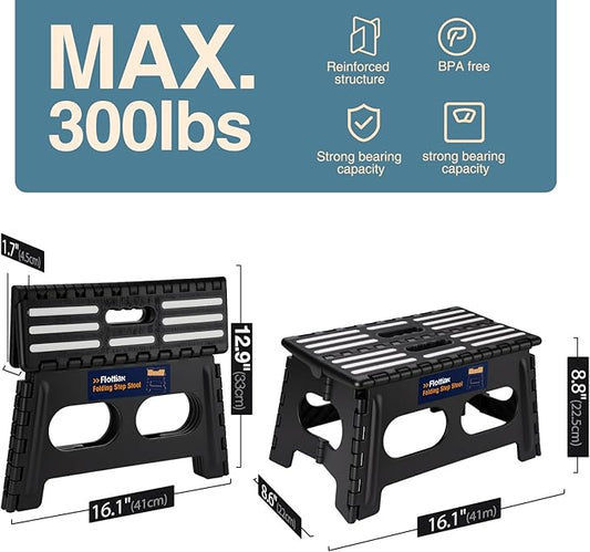 Flottian 9" Folding Step Stool for Adults and Kids 15-Inch Extra Wide Stool Holds Up to 300 lbs,Non-Slip Folding Stools with Handle,Compact Plastic Foldable Step Stool for Bathroom,Kitchen,ect,Black