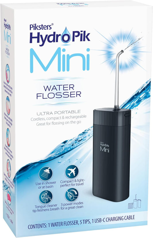 Piksters HydroPik Mini Water Flosser for Travel – Portable Cordless Oral Irrigator with USB-C Charging, 3 Pressure Modes & 2 Tips, Compact & Lightweight for On-The-Go Dental Care, Black