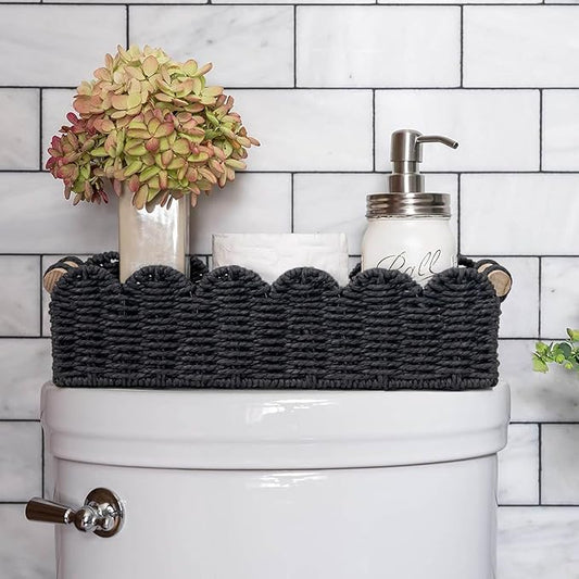 CubesLand Scalloped Edge Decor Basket for Living Room, Home, Bathroom, 2SAME SIZE Paper Rope Baskets, Toilet Storage Baskets for Over Toilet Storage Shelf, Cozy Woven Basket Both Storage&Decor, Black