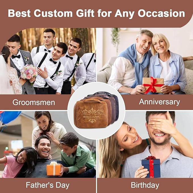 Personalized Toiletry Bag For Men, Large Capacity Travel Doop Kit, Vintage Color PU Leather, Custom Name Initials, Gifts for Dad, Husband, Boyfriend, Groomsmen, Birthday (Style 6)