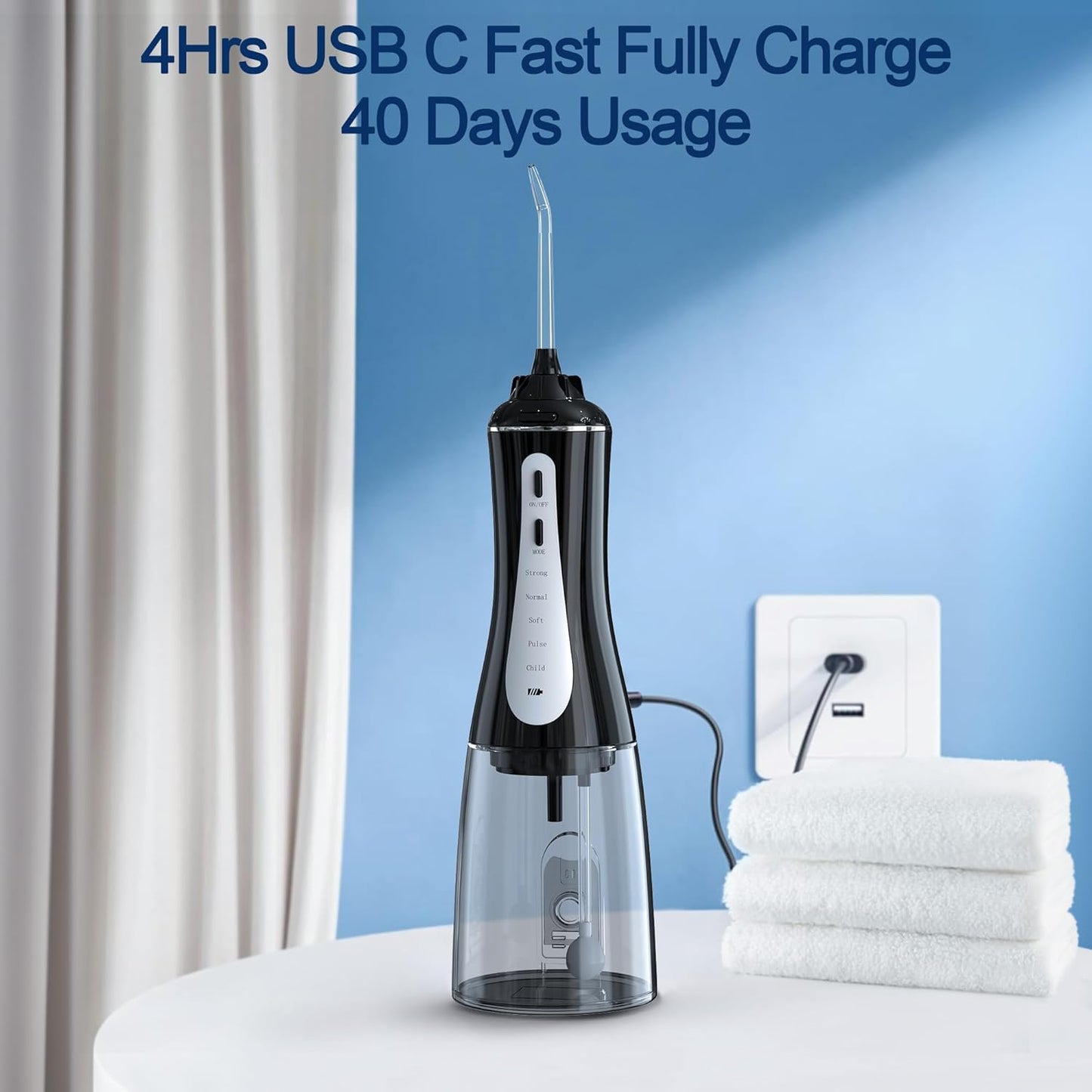 Water Dental Flosser Oral Irrigator with 5 Modes, 350ml Cordless Water Teeth Cleaner Pick 6 Tips, IPX7 Waterproof Rechargeable Portable Powerful Battery for Travel & Home Braces & Bridges Care