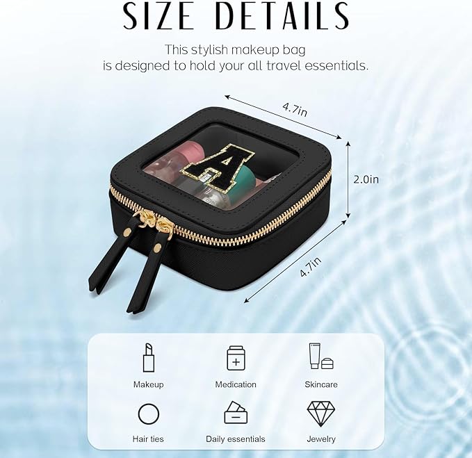 Initial Travel Toiletry Bag - Cosmetic Bags for Girls with Zipper, Clear & Potable Girls Makeup Bag for Travel, Small Cosmetic Pouch Perfect Gifts for Graduation (Black, A)