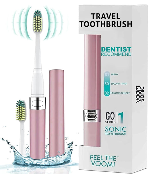 Voom Sonic 2-Pack Hers & His Go 1 Series Travel Electric Toothbrush (Rose Gold & Black), Travel Toothbrushes - Battery Operated Toothbrush for Adults & Kids, Dentist Recommended Toothbrush