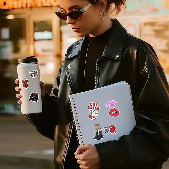 100 Pcs Downtown Girl Stickers, Aesthetic Trendy Y2K Sticker Red Black Vinyl Waterproof Decals for Car, Water Bottle Scrapbook Helmet Gift for Men Women Birthday Christmas
