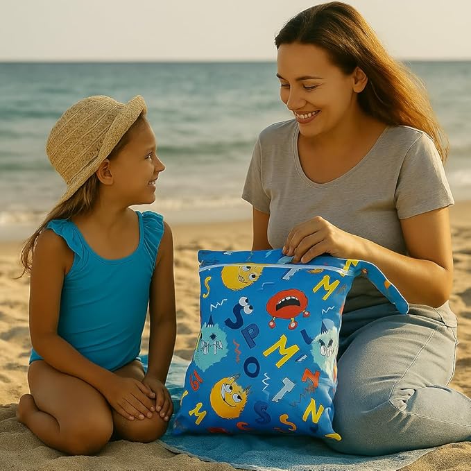 Waterproof Wet Dry Bag, Reusable Diaper Pouch with Zipper, Machine Washable Travel Organizer for Beach, Daycare, Kids, Dinosaur Pattern (Blue Monster)