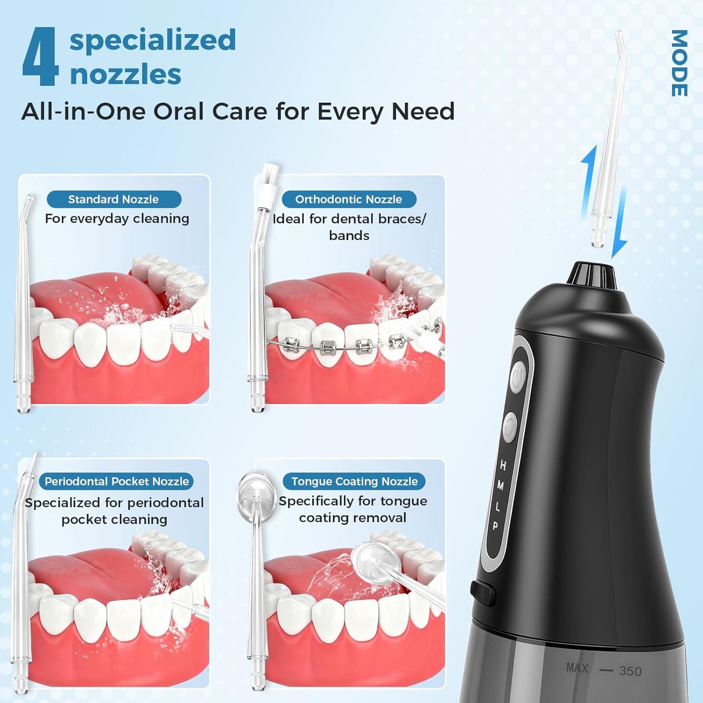 Water Dental Flosser Pick for Teeth, Cordless Oral Irrigator Cleaner 350ML IPX7 Waterproof Rechargeable, 4 Modes 4 nozzles, Portable Professional Flossing for Cleaning Gum Care Braces Home Travel