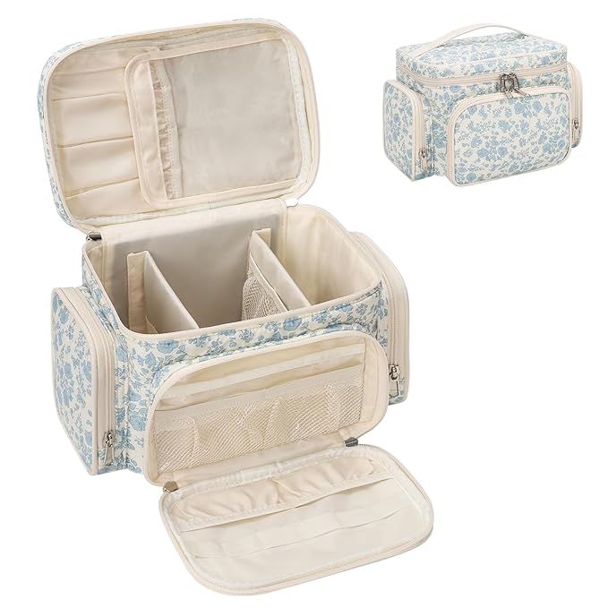 Large Cotton Makeup Bag, Quilted Floral Makeup Bag Organizer for Women Girls with Makeup Brush Compartment & Two Side Pockets, Cosmetic Travel Bag Vertical Storage- Blue Flower