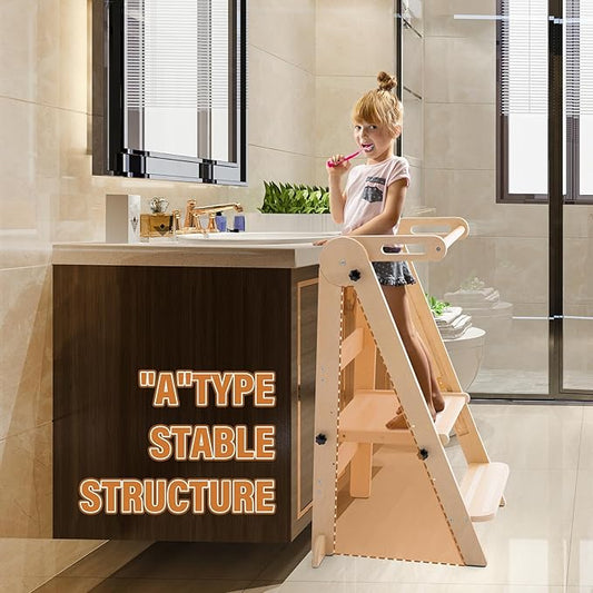 Foldable Toddler Tower - Kitchen Step Stool Helper for Kids 1-6 Years, Montessori Toddler Standing Tower with 3 Adjustable Height for Kitchen Counter Bathroom
