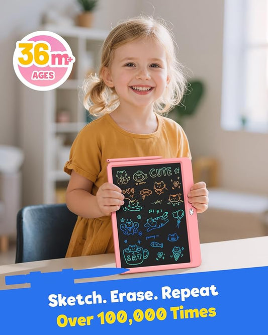 TEKFUN LCD Writing Tablet for Kids Girls Toys, 12 Inch Erasable Drawing Tablet Doodle Board Colorful Doodle Pad, Gifts for Toddlers Girls Adults (Pink)