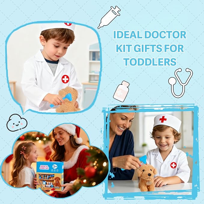 Doctor Kit for Toddlers 3-5 - Play Veterinarian Set Toys for 3 4 Year Old Boys Girls, Pretend Play Medical Kit with Dog, Bag, Costume, Stethoscope, Birthday Christmas Stocking Stuffers Gifts for Kids